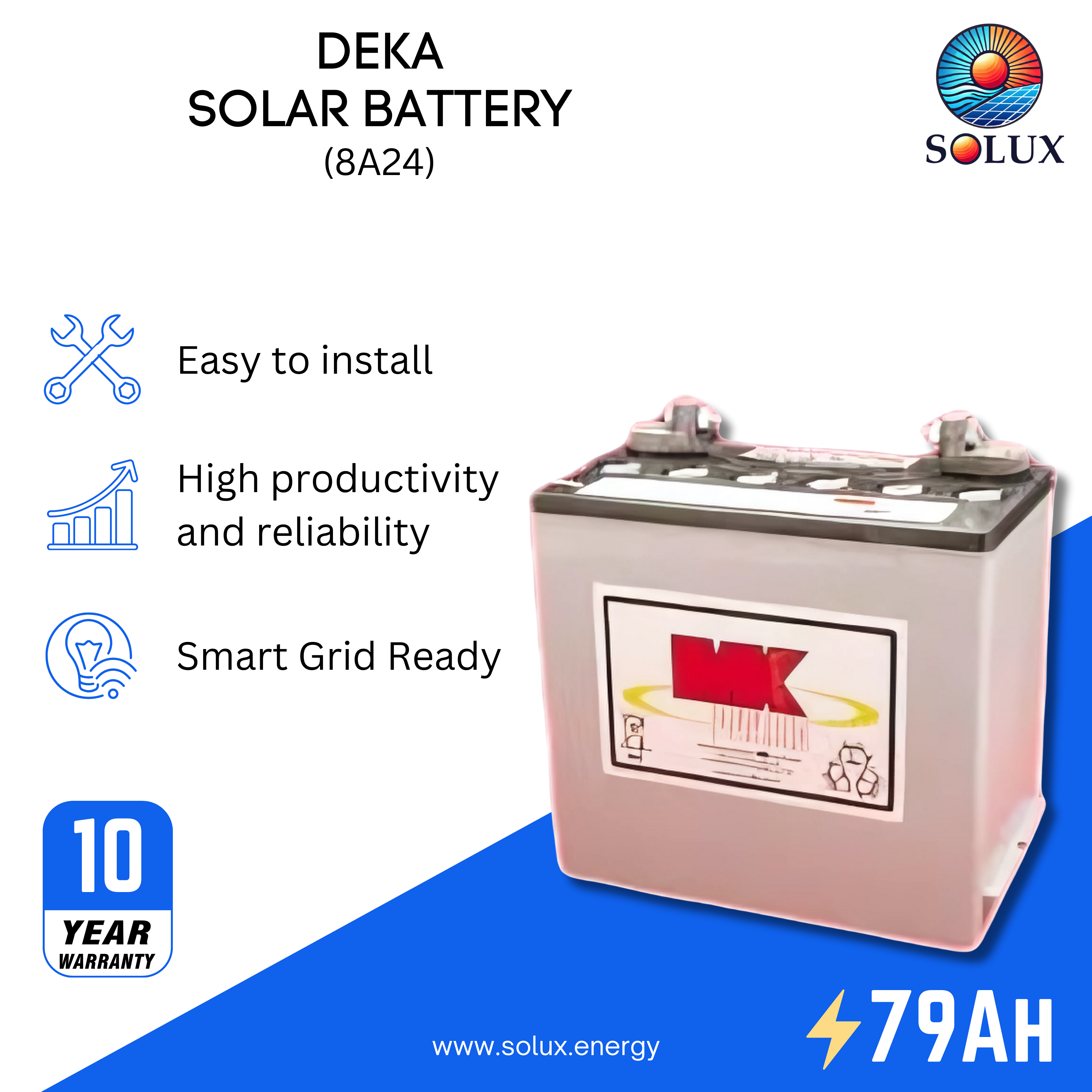 This is an image of MK Deka Solar Battery  8A24NH 79Ah 12VDC Deep Cycle AGM Battery w/o Handle